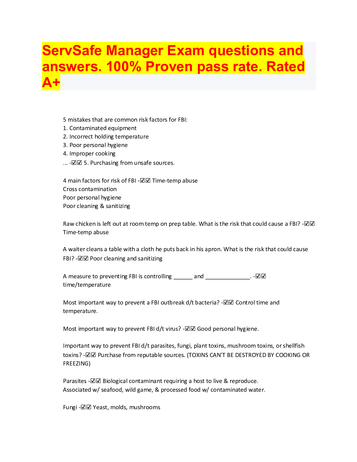 ServSafe Manager Exam questions and answers. 100% Proven pass rate. Rated A+